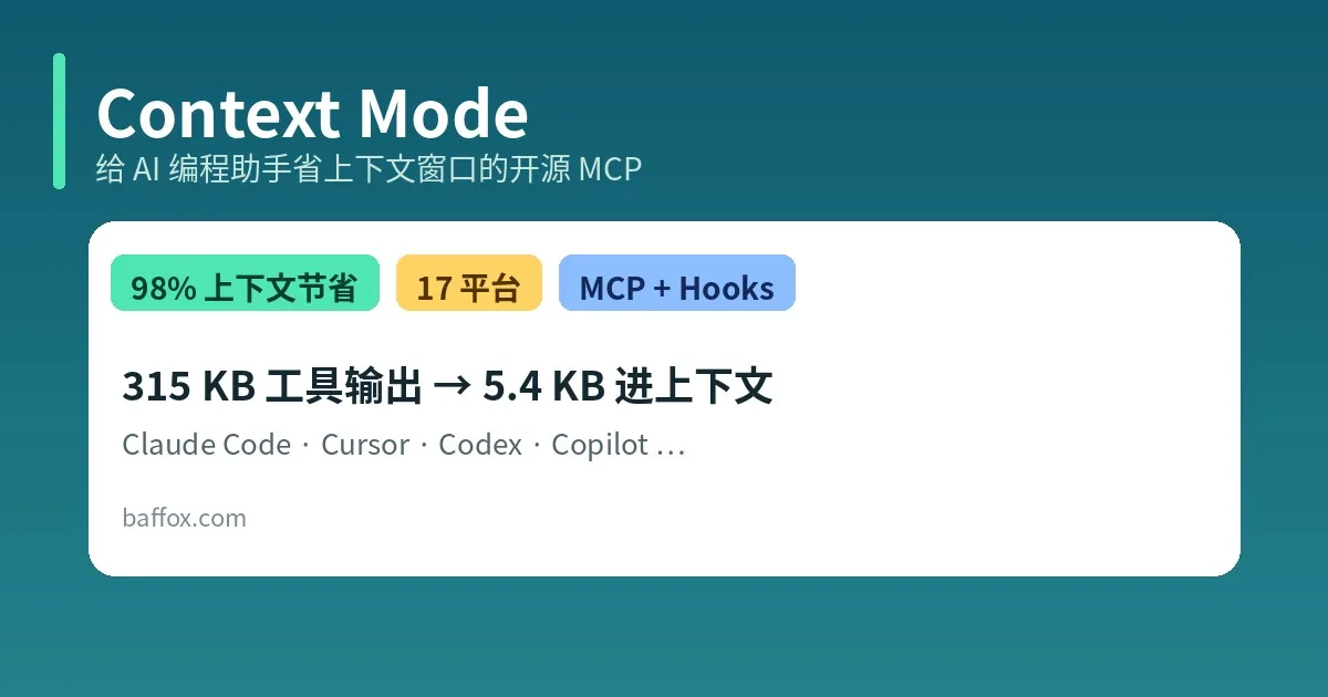Context Mode：给 Claude Code / Cursor 省上下文窗口，工具输出能少进 98%
