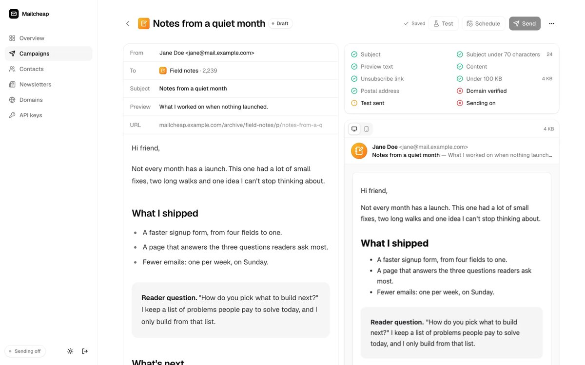 MailCheap：Marc Lou 开源的自托管 Newsletter 系统，用 Amazon SES 发信，每千封约 0.1 美元