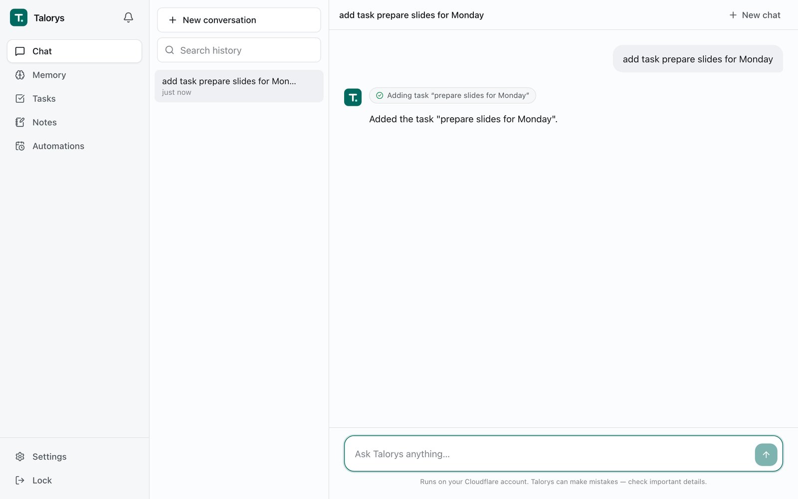 Talorys：一条命令部署到 Cloudflare 免费套餐的私人 AI 助手，聊天、记忆、待办、提醒全都有