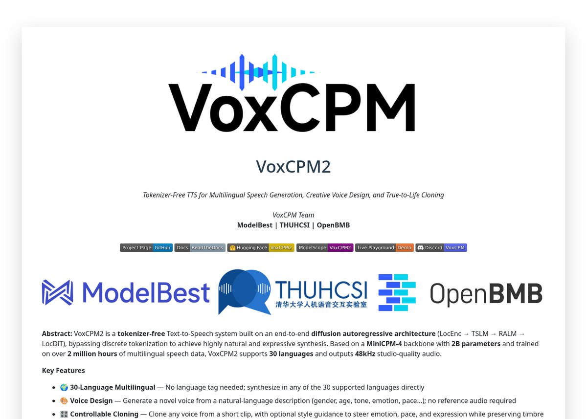 VoxCPM2：面壁智能开源的 TTS 模型，一句话描述就能“设计”音色，还能克隆声音，48kHz 输出